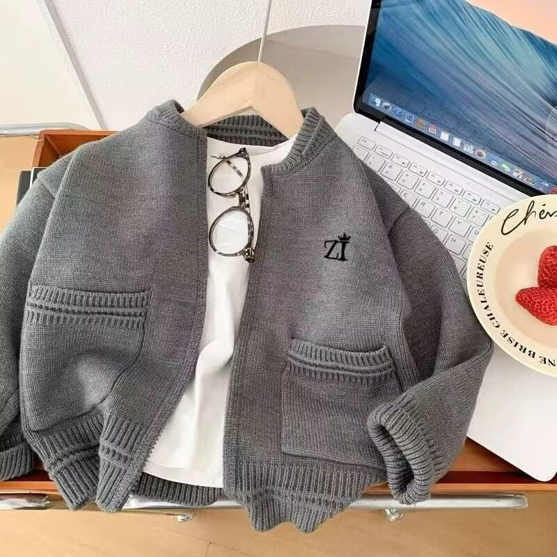 Boys Zip Cardigan with Pockets and Round Neck