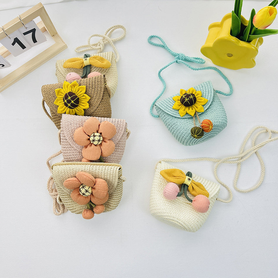 Unisex Kindergarten Straw Floral Crossbody Bag
