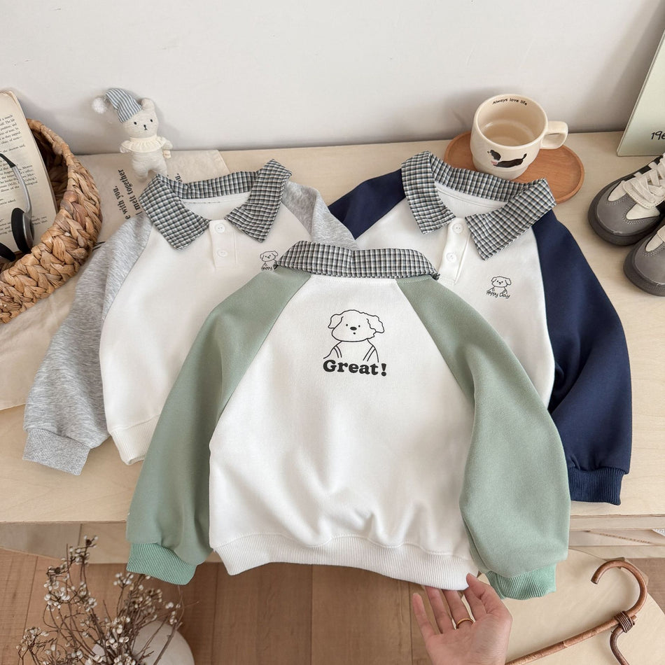 Unisex Plaid Lapel Raglan Cotton Sweatshirt
