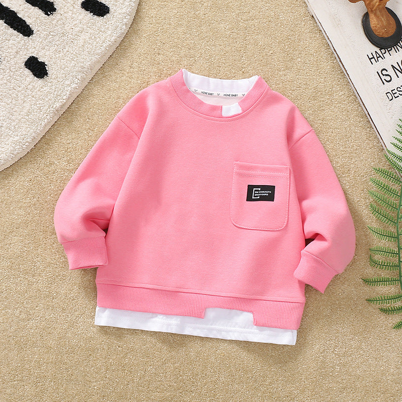 Boys' 100% Cotton Pink Fake Two-Piece Sweatshirt