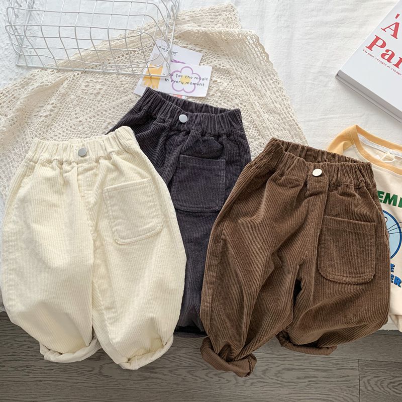 Unisex Corduroy Solid Color Elastic Waist Casual Trousers