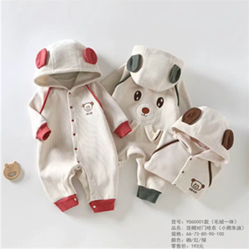 Unisex Class A Hooded Bear Fleece Warm Romper