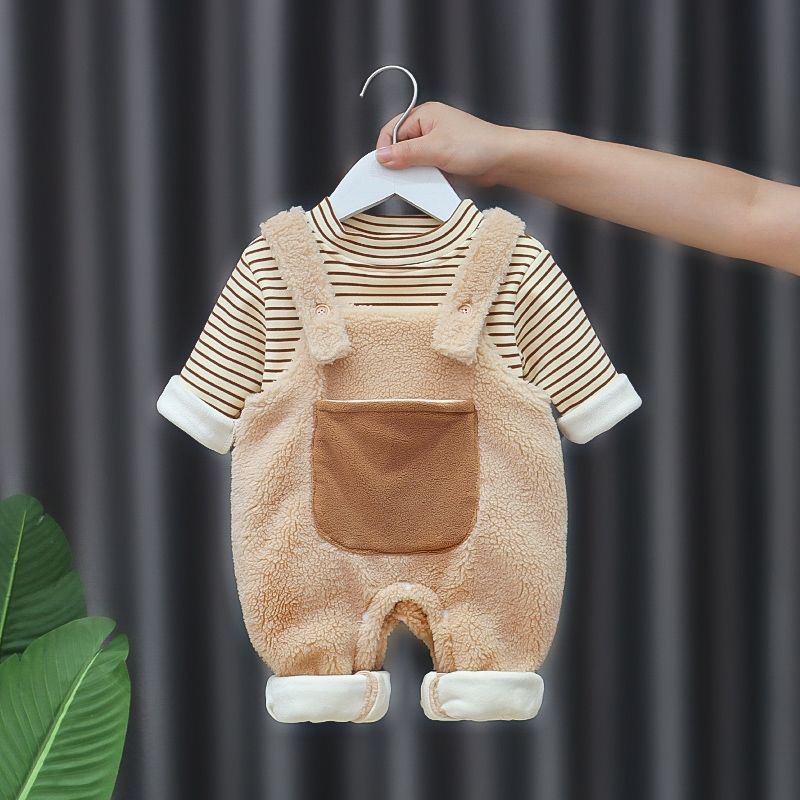 Unisex Class A Cotton Teddy Pocket Strap Jumpsuit