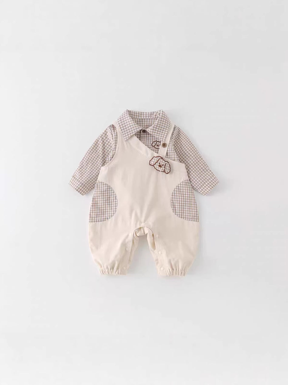 Unisex Class A Cotton Plaid Fake Two-Piece Romper