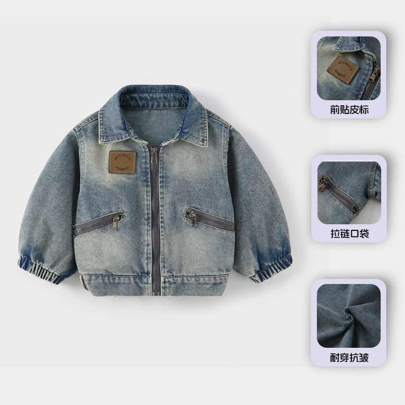 Boys' Class A Zip-Up Letter Print Denim Jacket
