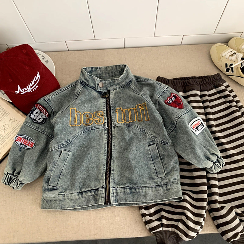 Unisex Class B Korean Sand-Washed Zip Denim Jacket