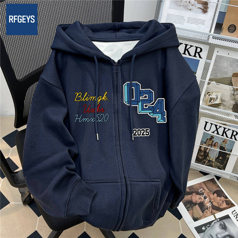 Unisex Preppy Hooded Zip-Up Sweatshirt Jacket