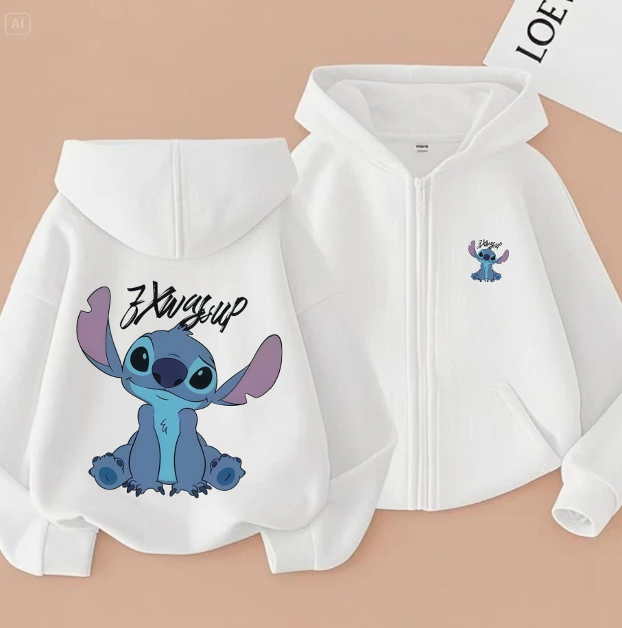 Unisex Stitch Cartoon Fleece Hooded Zip Jacket
