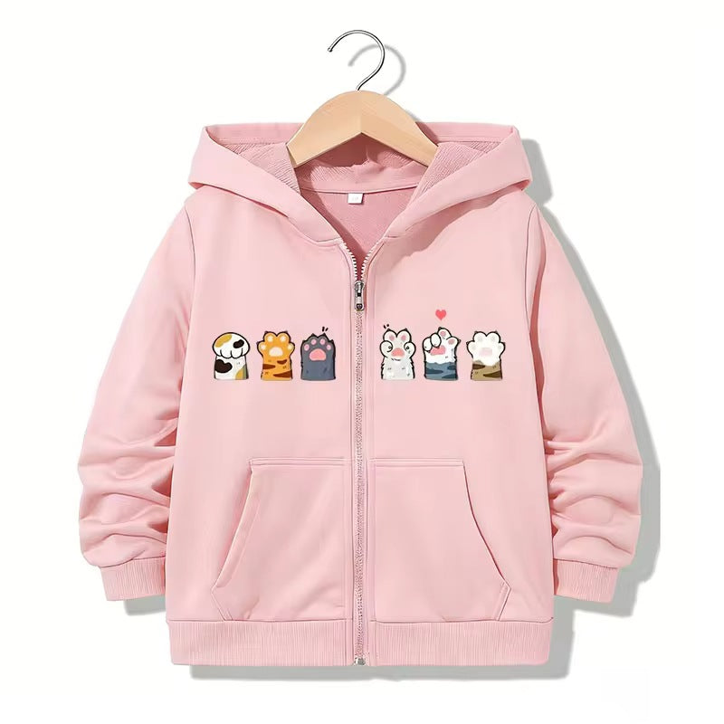Unisex Kawaii Cat Paw Letter Fleece Zip Hoodie