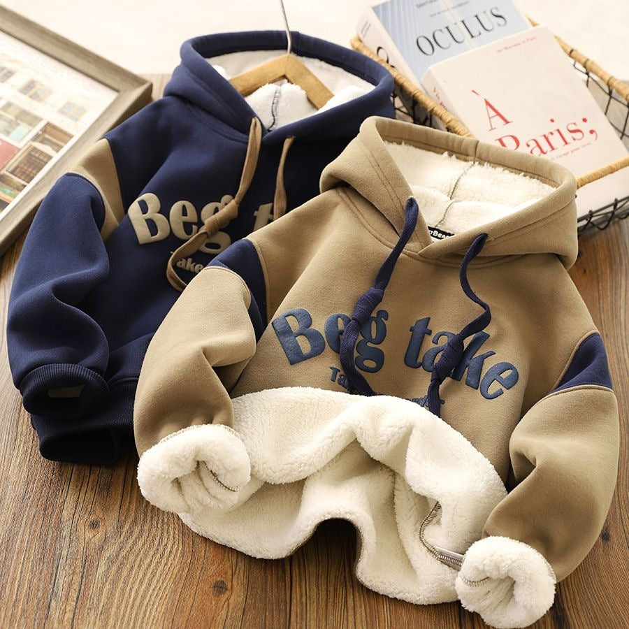 Boys' Letter Printed Thickened Fleece Hoodie