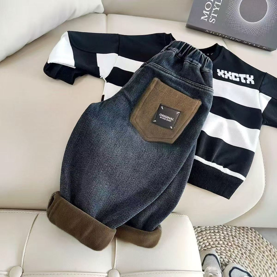 Boys' Fleece-Lined Thickened Winter Denim Jeans