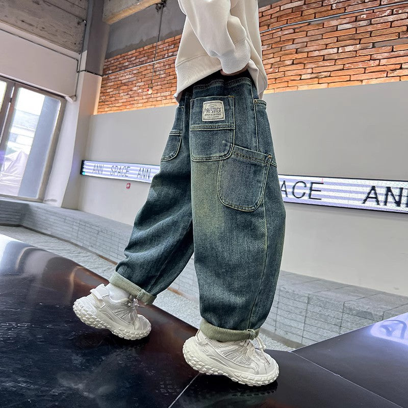 Boys' Casual Vintage Loose Elastic-Waist Denim Jeans