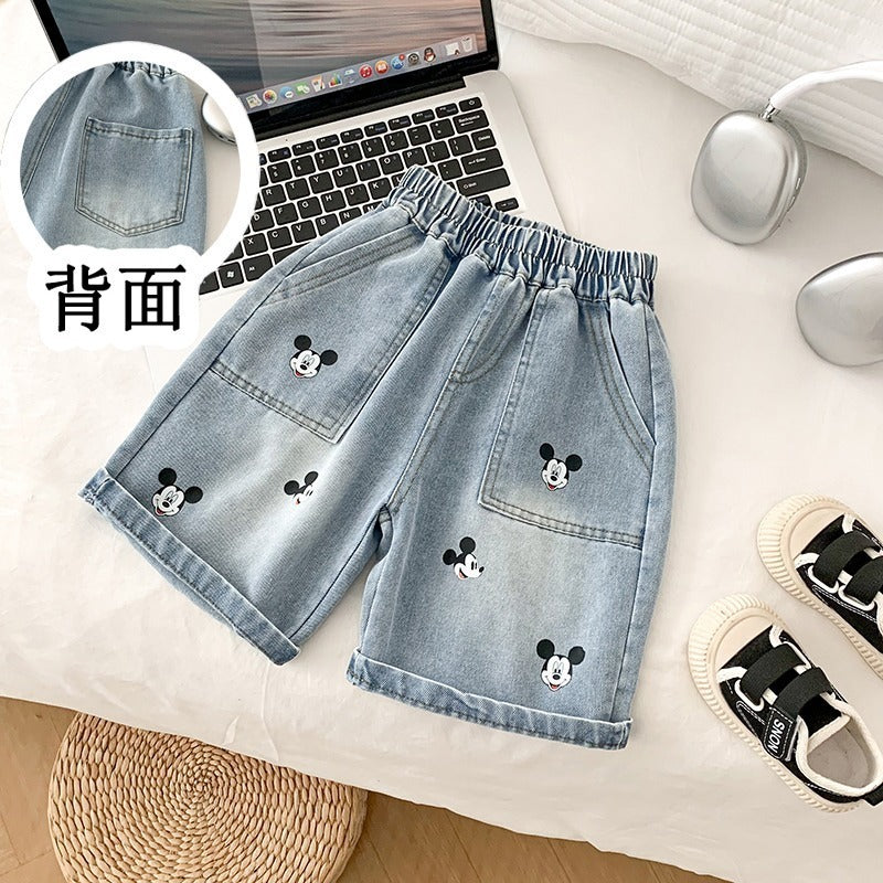 Boys' Class A Korean Cartoon Sky Blue Denim Shorts