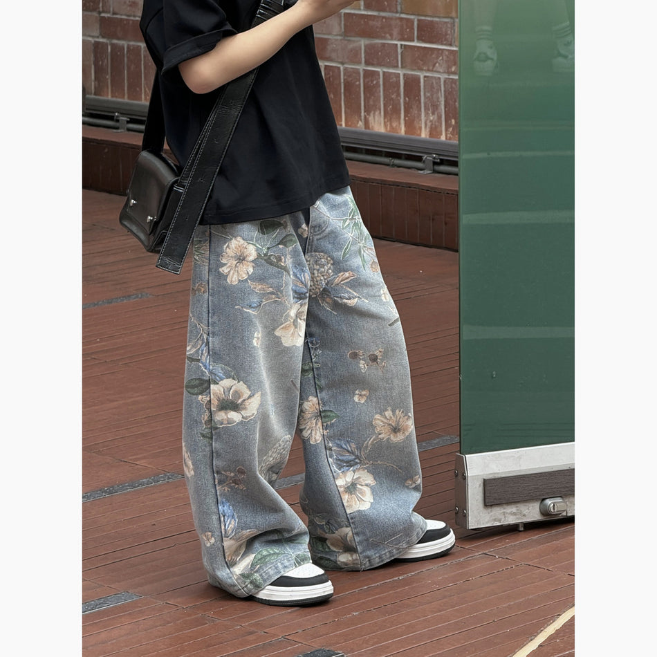 Boys' Korean Floral Printed Straight Denim Jeans