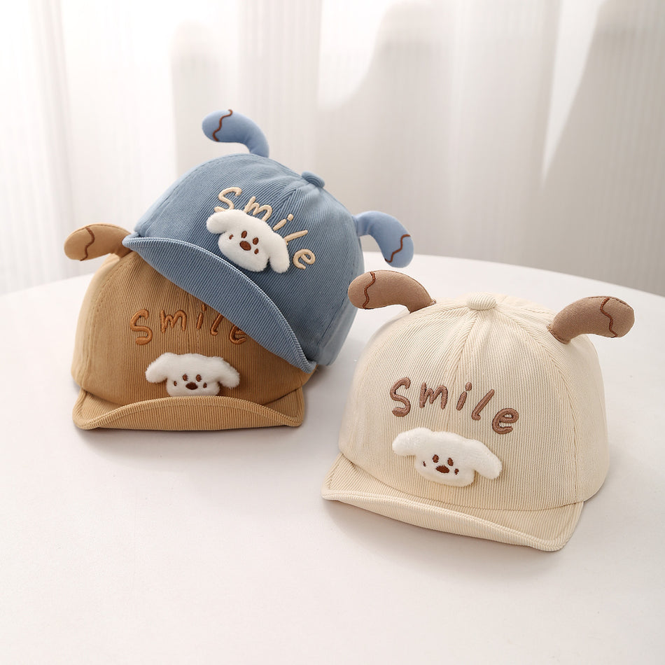 Cute Cotton Baby Peaked Hat with Embroidered Puppy Details