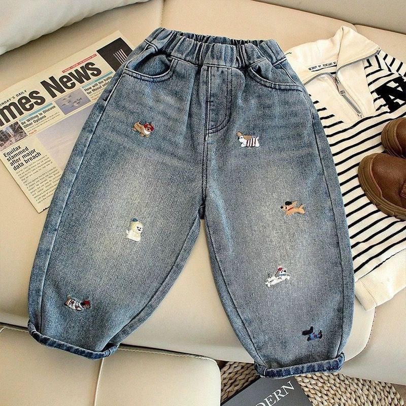 Unisex Korean Embroidered Denim Trousers