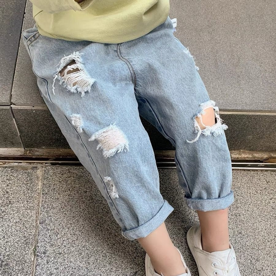 Unisex Distressed Nine-Point Gauze Denim Pants