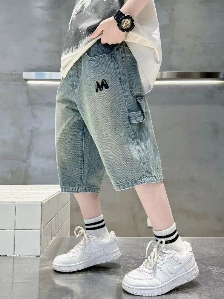 Boys' Light Blue Embroidered Denim Shorts
