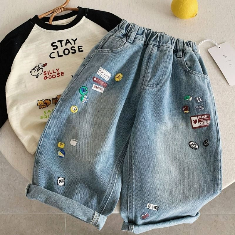 Boys' Korean Cartoon Graffiti Printed Denim Trousers