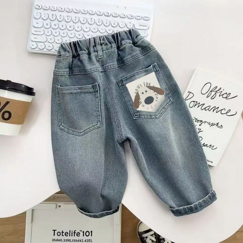 Unisex Puppy Patch Gauze Spring Denim Trousers