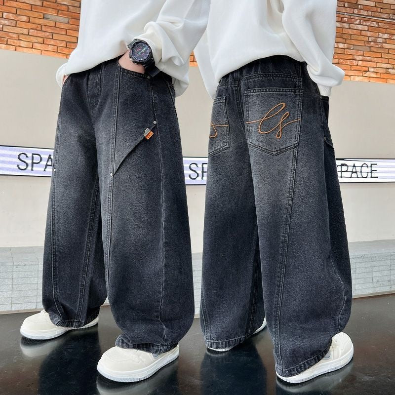 Boys' Pocket Embroidered Gradient Wide-Leg Jeans