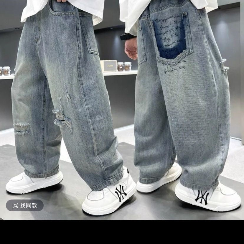 Boys' Cut-Out Pocket Ripped Ankle-Length Jeans
