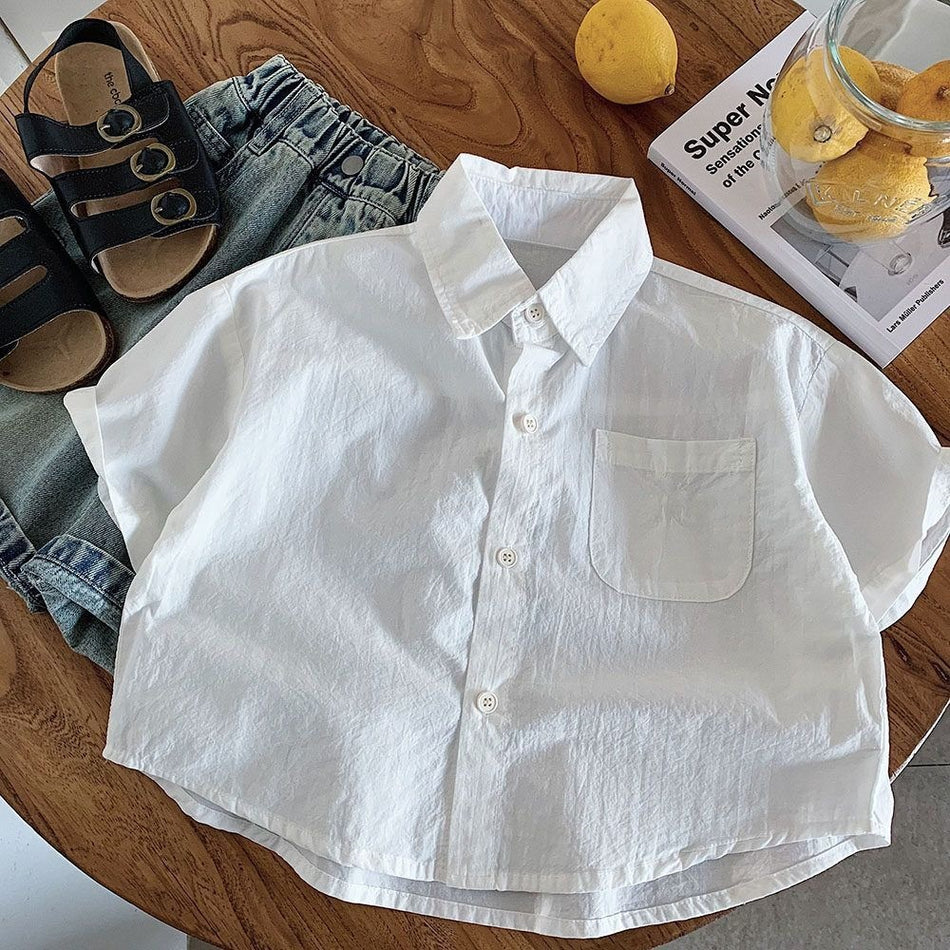 Boys' Solid Suit-Collar Short-Sleeve Cotton Shirt