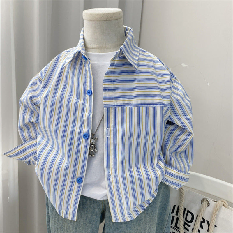 Boys' Striped Cartoon Lapel Long-Sleeve Shirt
