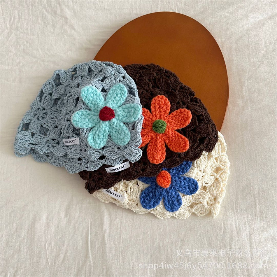 Wool Retro Large Flower Crochet Knit Hat