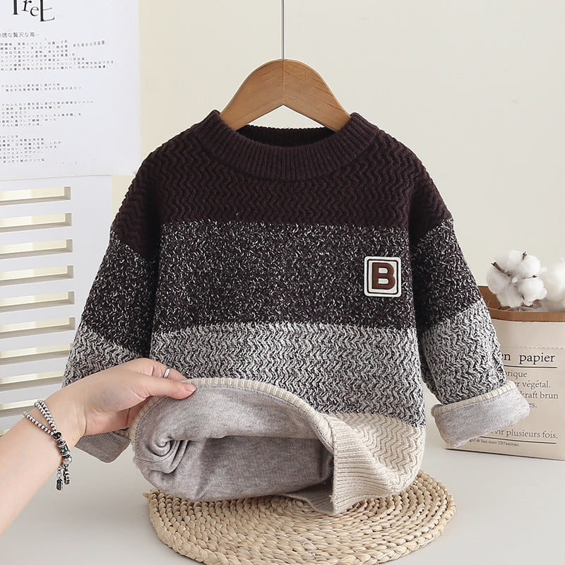 Boys' Lettered Thickened Crewneck Fleece Knit Sweater