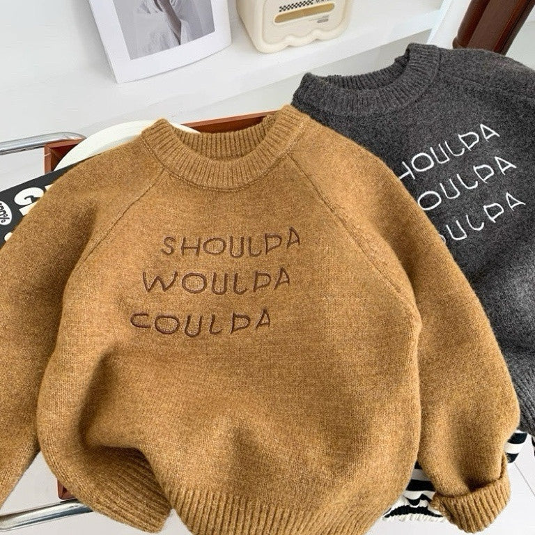 Unisex Letter-Embroidered Crewneck Soft Knit Sweater