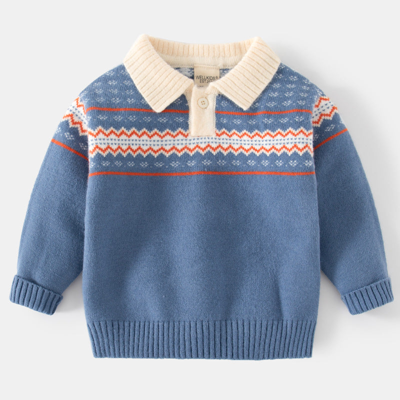 Boys' Striped Turn-Down Shirt-Collar Long-Sleeve Sweater