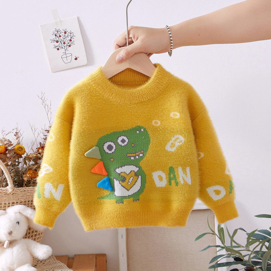 Boys' Cartoon Animal-Printed Crewneck Fleece Sweater