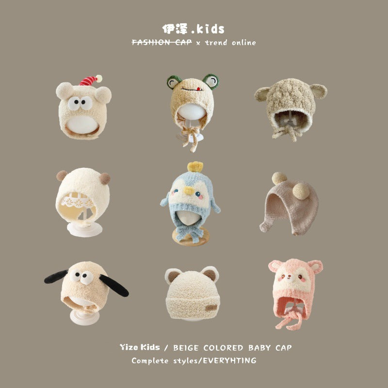 Baby Half Velvet Animal Dome Warm Knit Hat