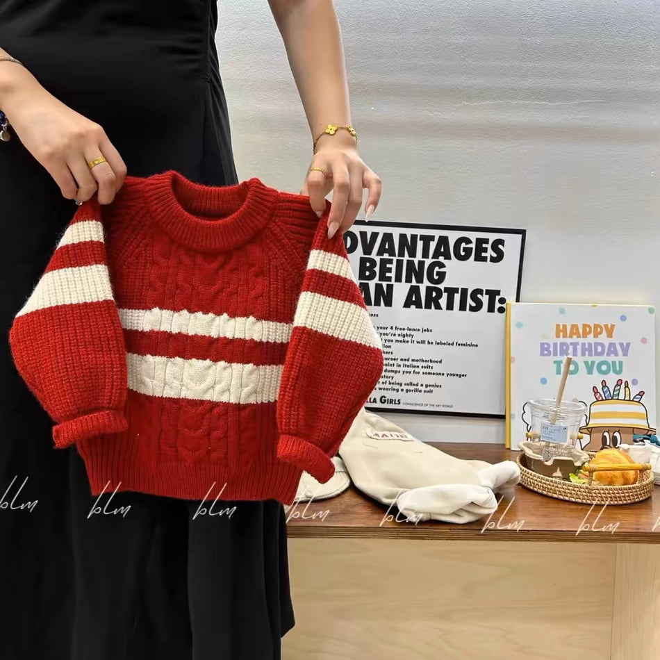 Unisex Striped Thickened Cotton Crewneck Sweater