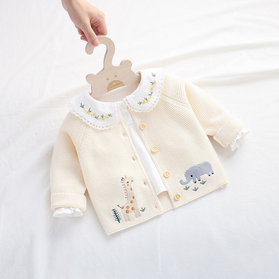 Baby Girls' Cartoon Rabbit-Hair Crewneck Knit Cardigan