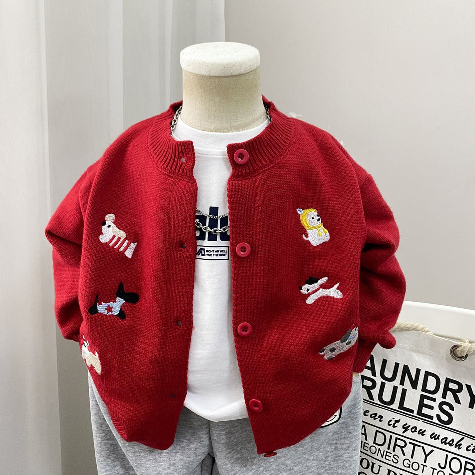 Unisex Red Cartoon Animal Jacquard Knit Cardigan