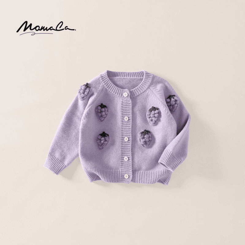 Unisex Grape-Embroidered Lapel Knit Cardigan
