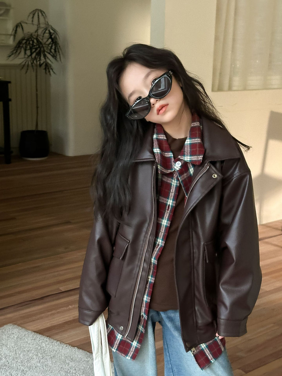 Unisex Kids' Brown PU Leather Jacket