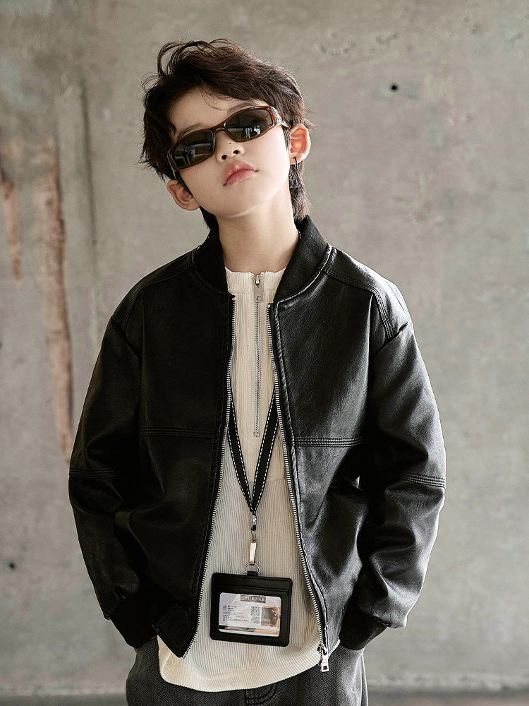 Boys' Black PU Leather Korean Style Jacket