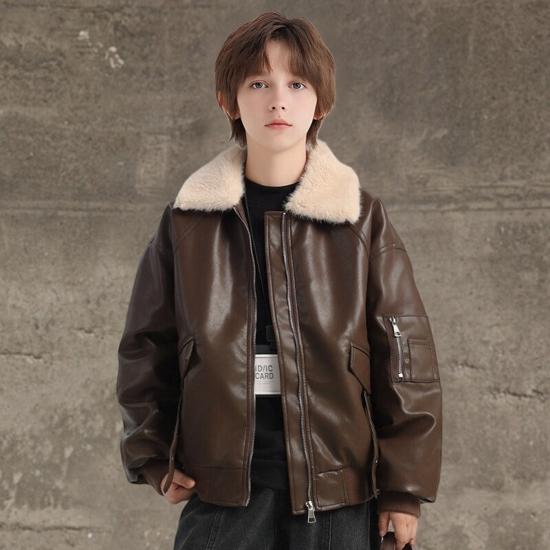 Boys' Black Fur Stand Collar Casual Zip Front Jacket