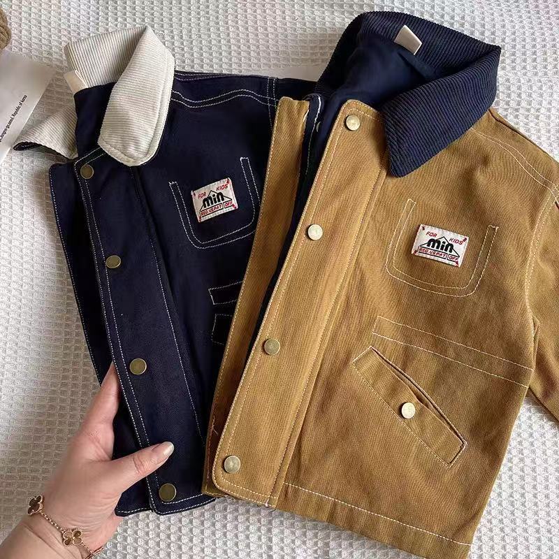Boys' Navy Blue Letter Print Turn Down Collar Jacket