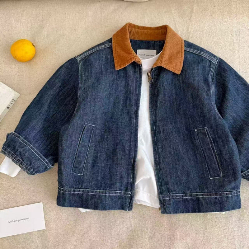 Boys' Cotton Color Block Turn Down Collar Jacket
