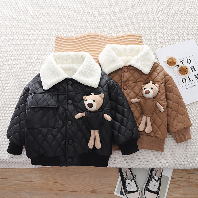 Boys' Black Bear PU Leather Fleece Lined Jacket