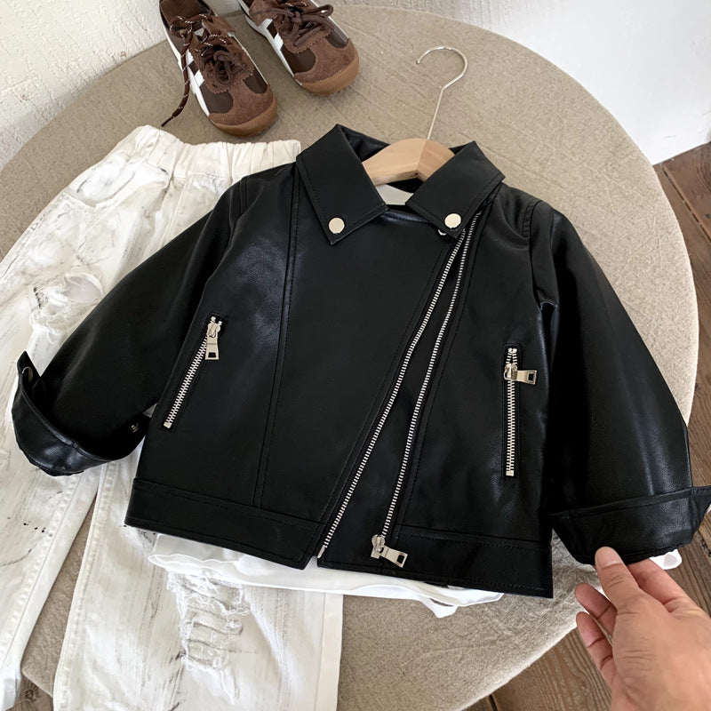 Boys' Black PU Leather Lapel Collar Zip Jacket
