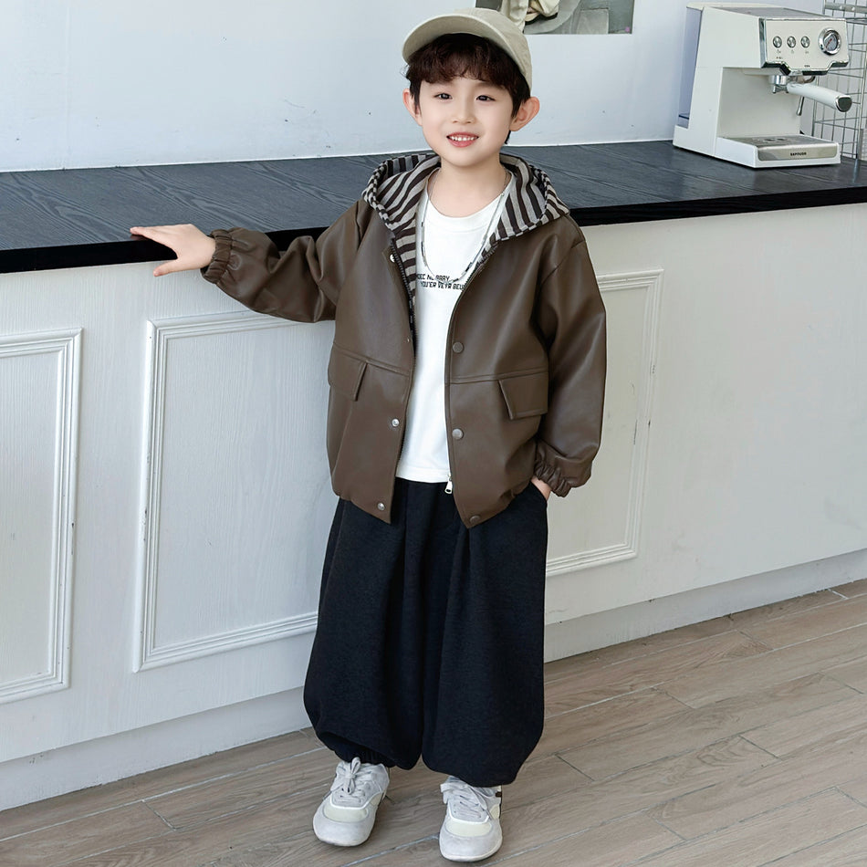 Boys' Black PU Leather Hooded Two-Piece Style Jacket