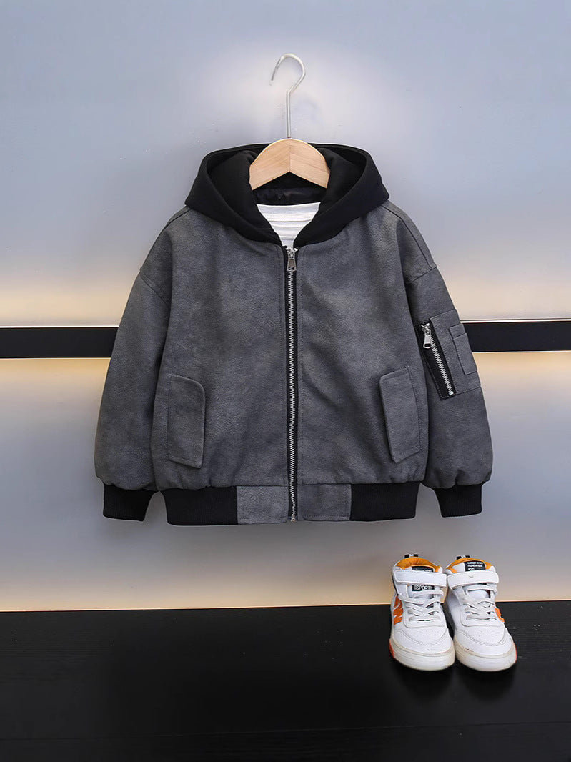 Boys' Grey PU Leather Hooded Zip Jacket