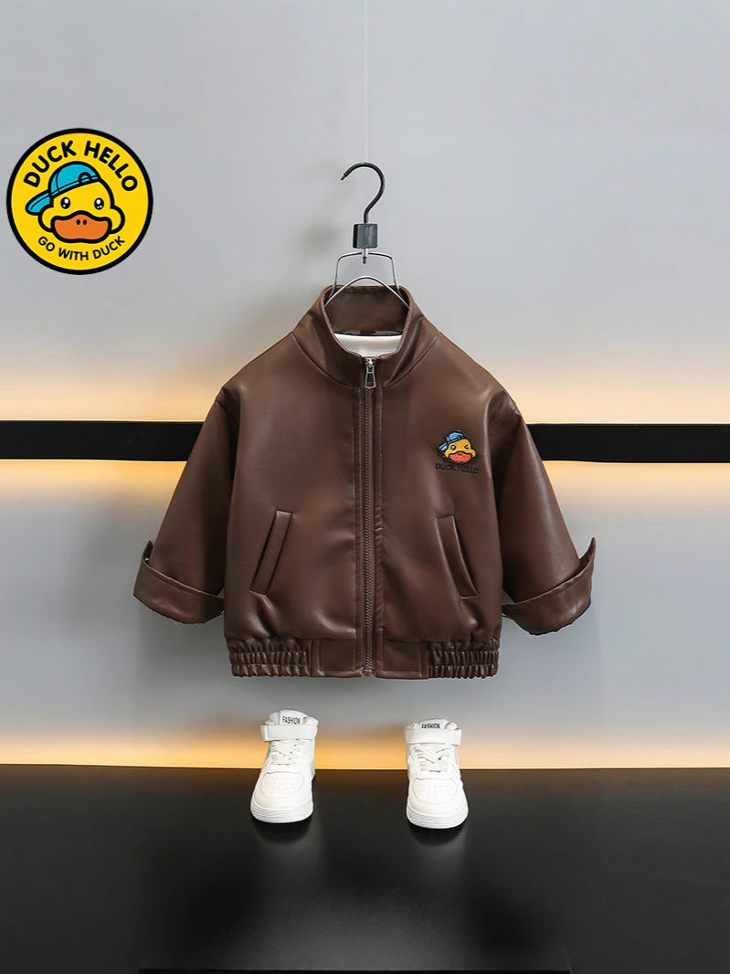 Boys' Black PU Leather Embroidered Lapel Jacket