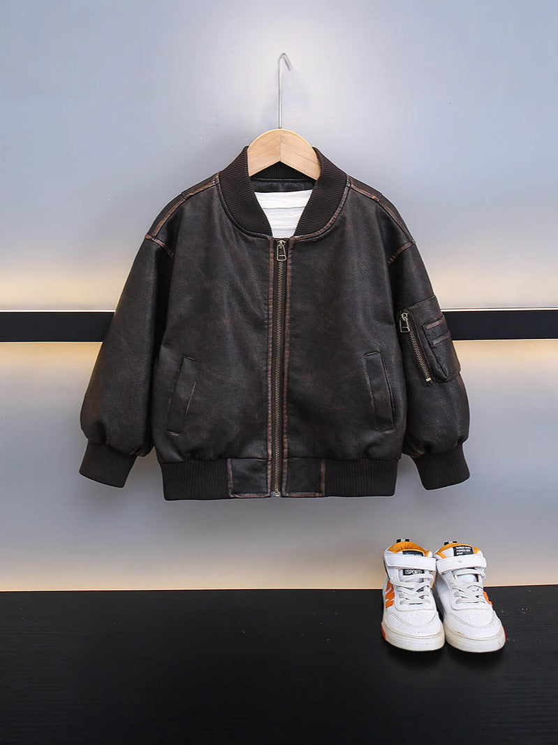 Boys' Brown PU Leather Stand Collar Zip Jacket
