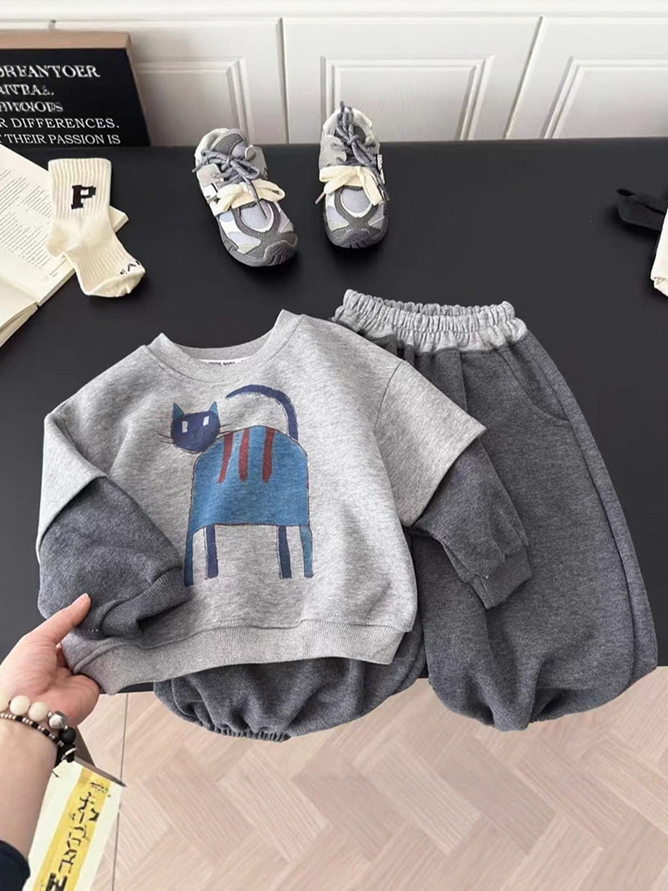 Boys' Cotton Animal Print Sweatshirt and Pants Two-Piece Set